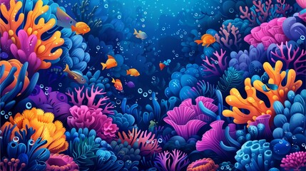 Colorful coral reef teeming with marine life in the deep blue sea, surrounded by vibrant aquatic flora and fauna