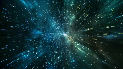 Abstract light splash background ,Futuristic and speed futuristic design ,Hyperspace travel through a starfield, 3D digital illustration of a cosmic scene with glowing particles and light trails - obrazy, fototapety, plakaty