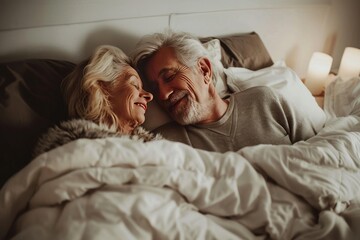 old people man and woman hugging in bed