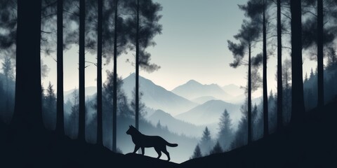 Cat silhouettes on forest - obrazy, fototapety, plakaty