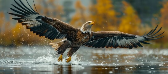 An Accipitridae bird, specifically a bald eagle of the Accipitriformes order, is soaring over a body of water with its wings spread wide - Powered by Adobe