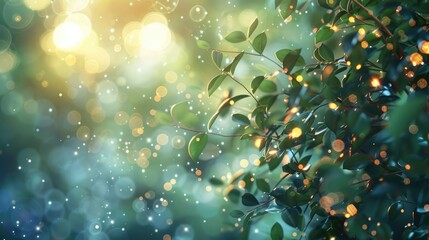 Beautiful bokeh blurred background with lights and tree branches with green leaves with place for text. Ecology, healthy environment, nature, decoration, beauty product concept design backdrop - 787123735
