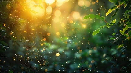 Beautiful bokeh blurred background with lights and tree branches with green leaves with place for text. Ecology, healthy environment, nature, decoration, beauty product concept design backdrop - 787123765