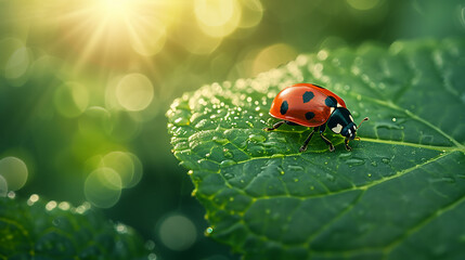 Close-up ladybug walking towards the edge of a green leaf of a tree, background for banner
