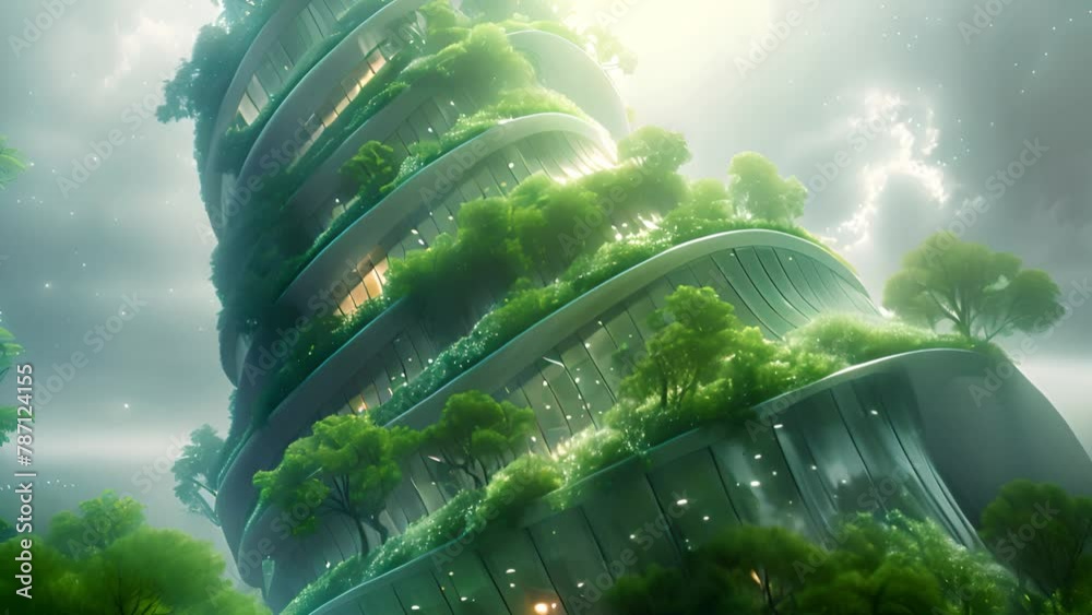Poster tower covered in trees. a tall tower rising high, adorned with lush trees at its peak.