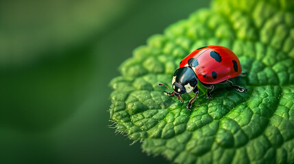 Fototapeta premium Close-up ladybug walking towards the edge of a green leaf of a tree, background for banner