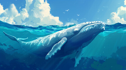 Fototapeta premium Whale gracefully swims in the serene blue ocean waves, whale playfully swimming in clear blue ocean