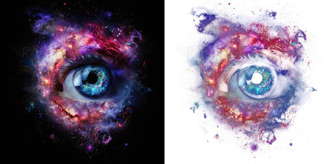 cosmic eye in galaxies swirls and stardust, spiritual cosmic energy universe fantasy vision effect, isolated on black and transparent PNG background