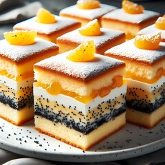 Gourmet Layered Dessert Squares with Golden Sponge Cake, Creamy Filling, and Black Sesame Seeds, Elegantly Dusted with Powdered Sugar - obrazy, fototapety, plakaty
