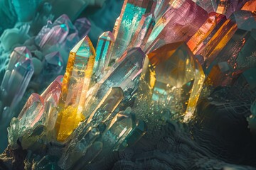a close up of a bunch of colorful crystals in a cave - obrazy, fototapety, plakaty
