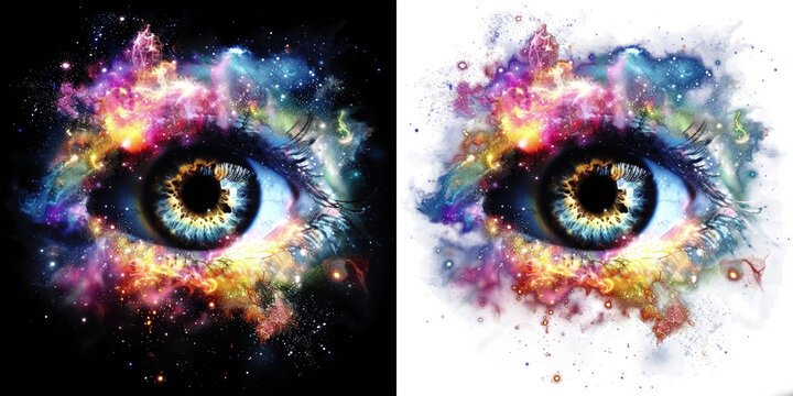 colorful cosmic eye in universe made of stars, clouds and galaxies swirls and stardust, fantasy vision effect, on black and transparent PNG background
