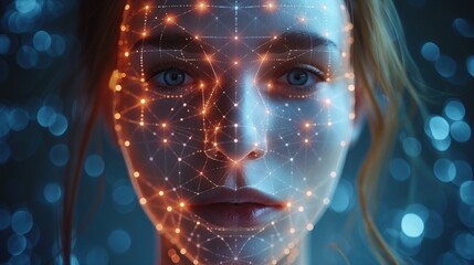 Human face with glowing, interconnected lines and dots, symbolizing artificial intelligence and digital identity