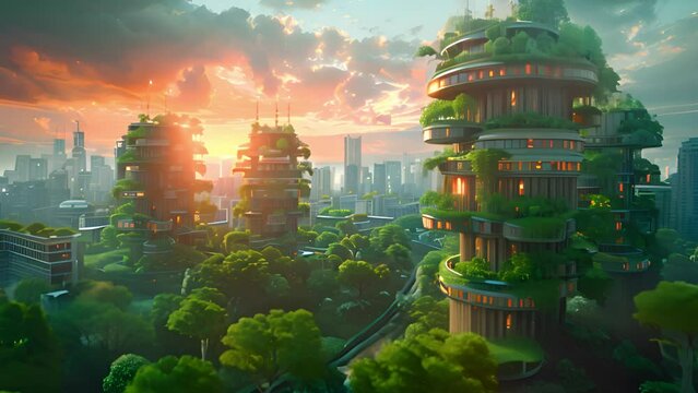A cityscape with numerous trees growing on top of buildings, creating a futuristic green urban environment.