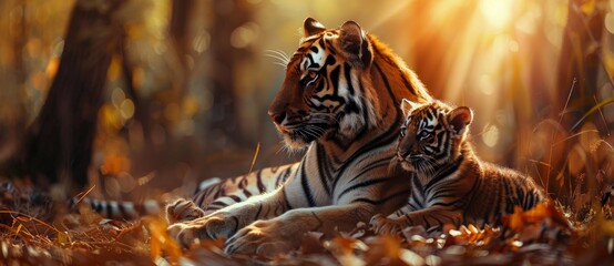 tigress with tiger cub at sunset