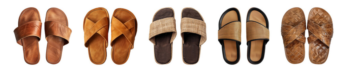 Collection top view of pair slip-on slippers sandals isolated on a transparent background, PNG