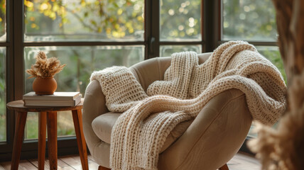 Cozy armchair with a blanket and a book