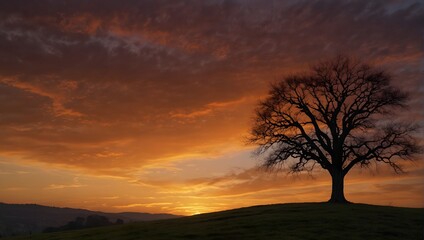 A solitary fruit tree on a hill, silhouetted against a fiery sunset sky Generative AI