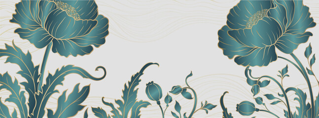 Elegant prestigious background template with peony flowers. The design luxury peony is made for oriental chinese motif with gold and green gradient colors.