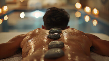 Man receiving hot stone therapy at spa - obrazy, fototapety, plakaty