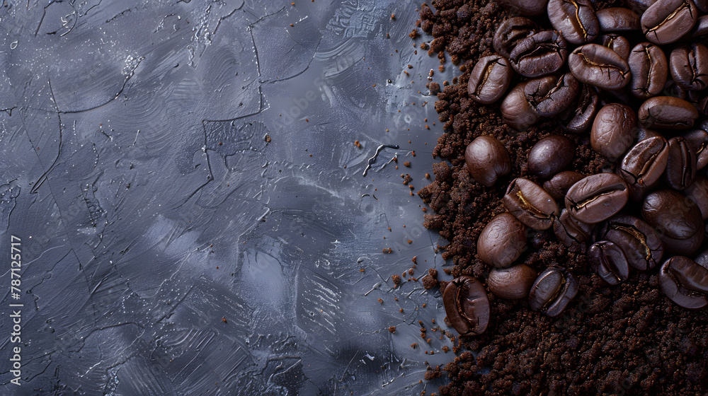Poster roasted coffee beans and ground coffee on gray background copy space directly above : generative ai
