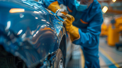 Auto body repair specialists are hard at work using knowledge and tools to fix a dent in the car's fendertheir, generative Ai - obrazy, fototapety, plakaty
