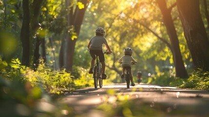 Fototapeta premium Father and son bicycling on a forest trail in the golden light of sunset
