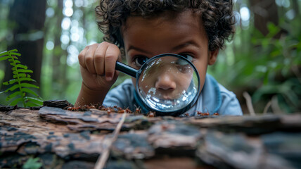 Child exploring with magnifying glass.