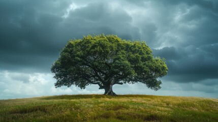 Obraz premium Sturdy tree standing resilient under stormy skies, symbolizing endurance and stability