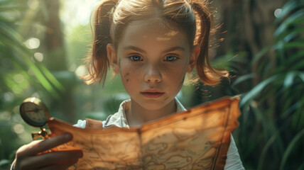 A young girl reading a map with a compass in a forest. - obrazy, fototapety, plakaty