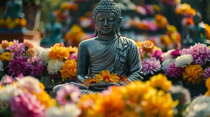 Buddha Statue Adorned with Vibrant Flowers, Emblematic of Devotion and Peace