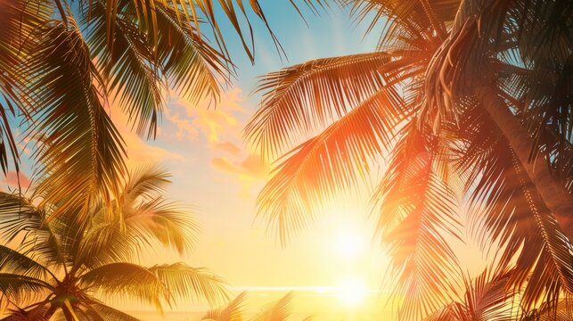 Summer vacation banner. Romantic vibes of tropical palm tree sunlight on sky background. Outdoor sunset exotic foliage closeup nature landscape. Coconut palm trees shining sun over bright sky panorama