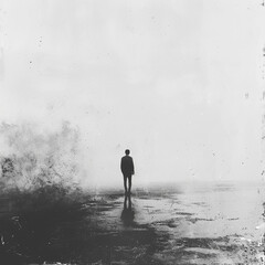 a representation of the concept of male loneliness as a solitary figure in a vast, empty expanse.