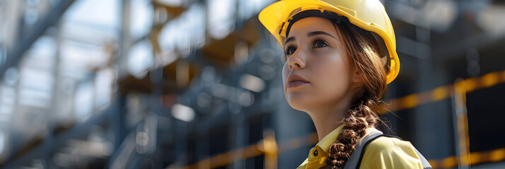 Fototapeta na wymiar Female Industrial Engineers in Hard Hats and Safety Jackets,Workwear Manufacturing at work time.
