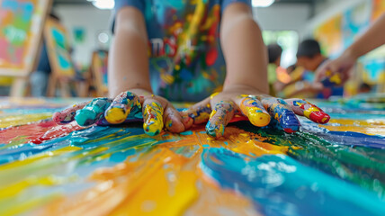 Child's hands painting with colorful paints
