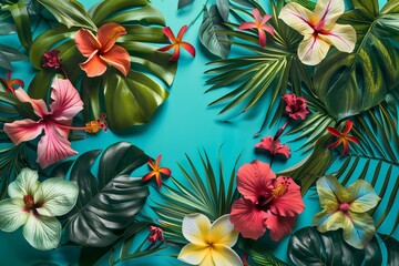 Vibrant Tropical Flowers and Lush Greenery on a Teal Background for Eye-Catching Displays