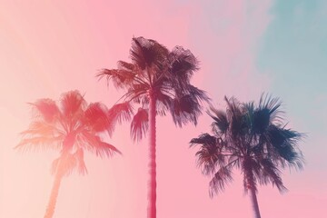 palms on the pink sky background on the sunset