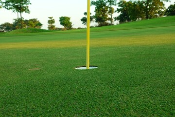 Hole with flagpole in golf course on green grass field.