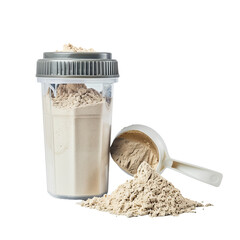 A scoop of whey protein powder, next to a shaker bottle, catering to fitness and muscle building, isolated on transparent background.