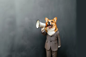 Corgi dog holds a gray megaphone in his paws and barks isolated on a gray background with copy...