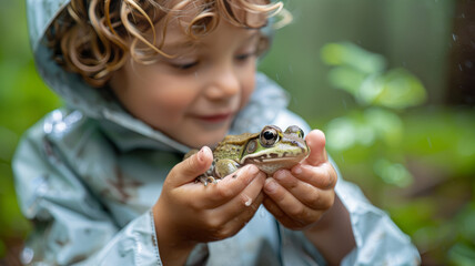 A child holding a frog in nature - obrazy, fototapety, plakaty