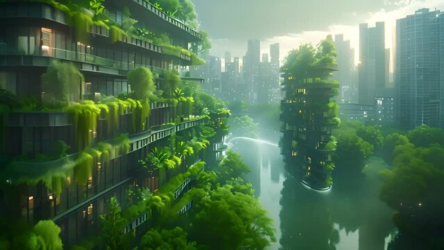 A tall building is covered in a plethora of vibrant plants growing on its facade.