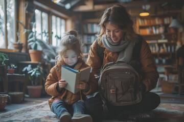 Fototapeta premium Mother and child reading a book together