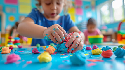 Child playing with playdough in a classroom.