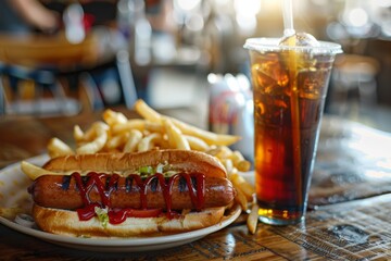 Tasty Hotdog with french fries, soft drink on restaurant table - obrazy, fototapety, plakaty