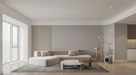 Modern living room interior with grey wallpaper,wooden floor,catcondo and cat bed. 3d rendering