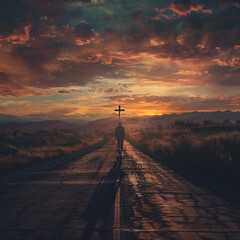 a realistic cinematic scene with a man walking away down a long road towards a cross at the end of the road