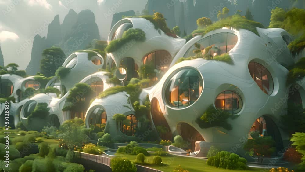 Poster houses clustered in wooded area. cluster of houses nestled among trees in a forest setting.