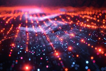 This image represents an abstract field of glowing red and blue dots, giving a digital technology...