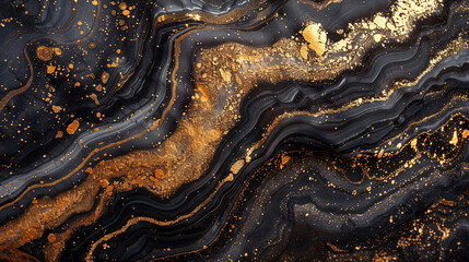 **Abstract fluidity meets opulent luxury in a mesmerizing gold and black marble art piece. 