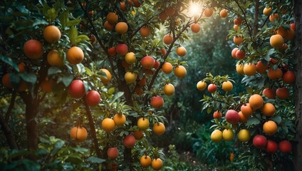 A fruit tree in an enchanted garden, with fruits that sparkle like jewels Generative AI